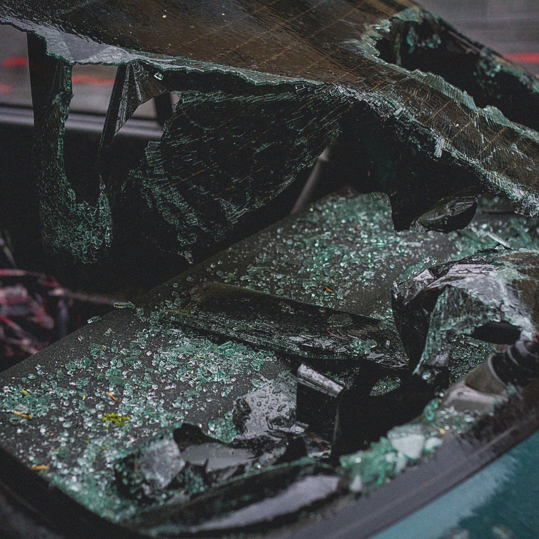 A car damaged from a garage door