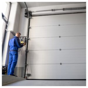 Man checking garage door track