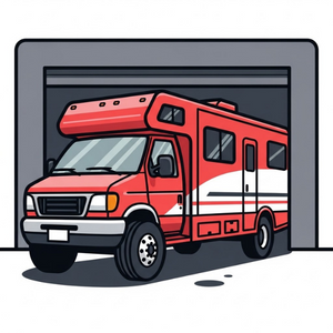 a red rv parked in a garage